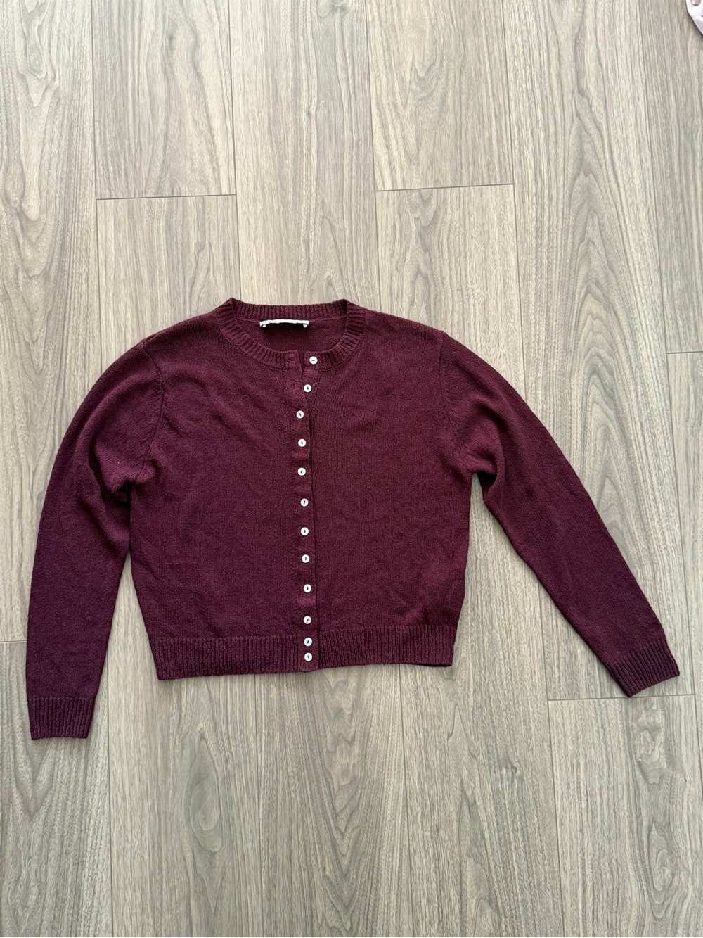 Zara Women's Burgundy Button-Front Crewneck Sweater